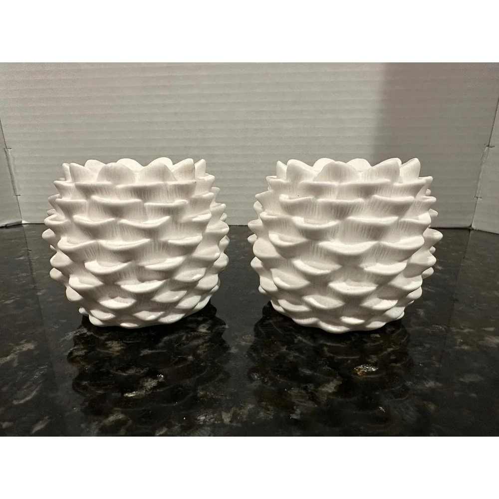 2 White Ceramic Pinecone Shaped Votive Holders